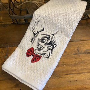 Embroidered French Bulldog Bow Tie Tea Towel, Frenchie Dog Mom Gift Idea
